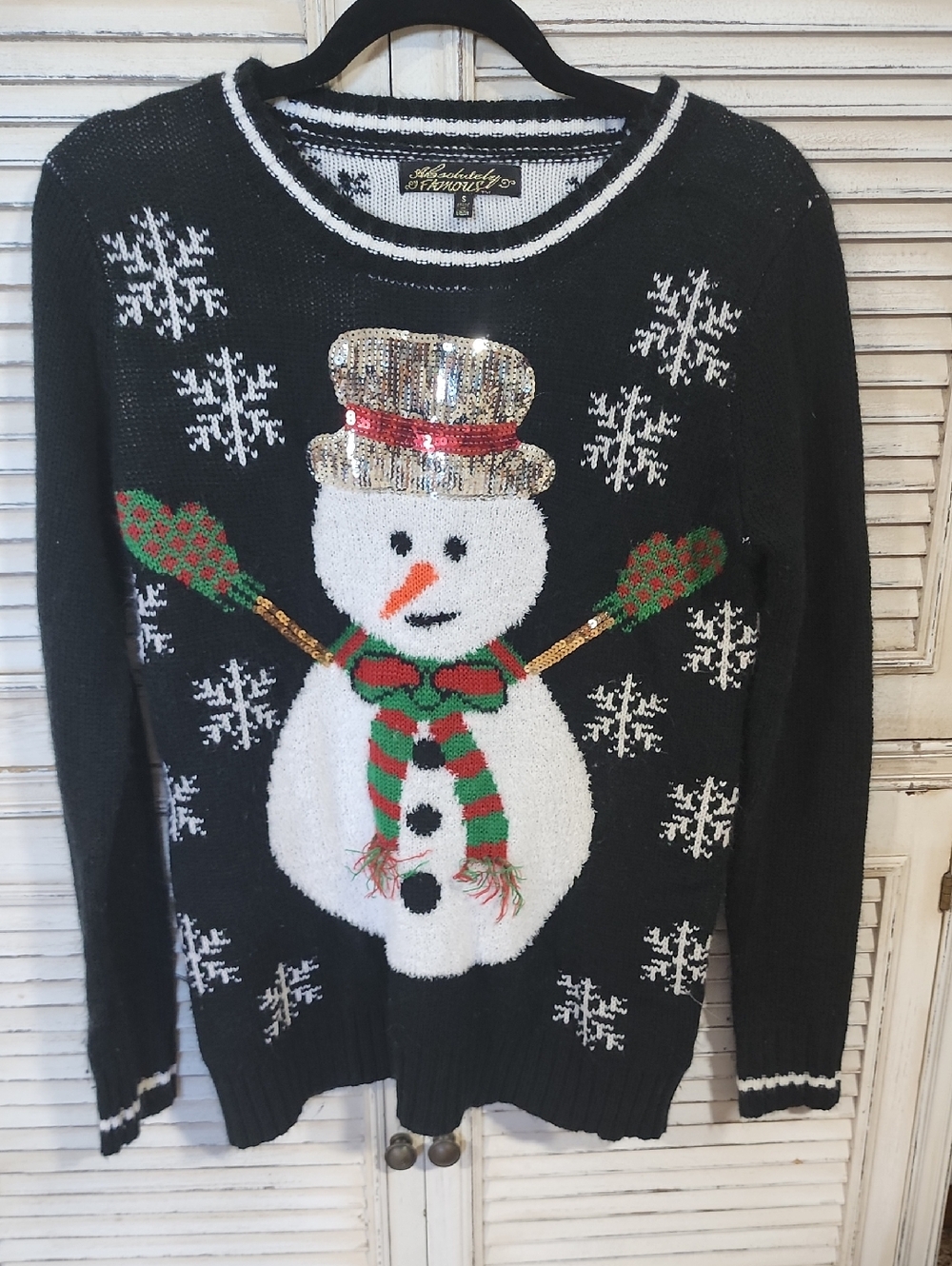 Absolutely Famous Black Snowman Sequin Holiday Sweater Vintage